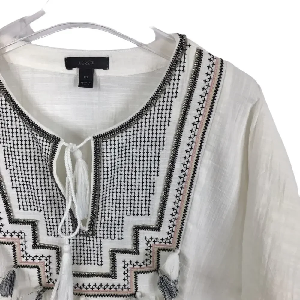 J. Crew Embroidered White Blouse Tassel Beach Cover Tunic Top